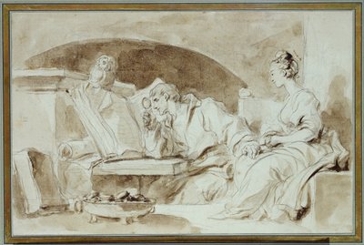 Młoda Kobieta konsultująca się z Nekromantą (pranie w sepii na papierze) autorstwa Jean Honore Fragonard